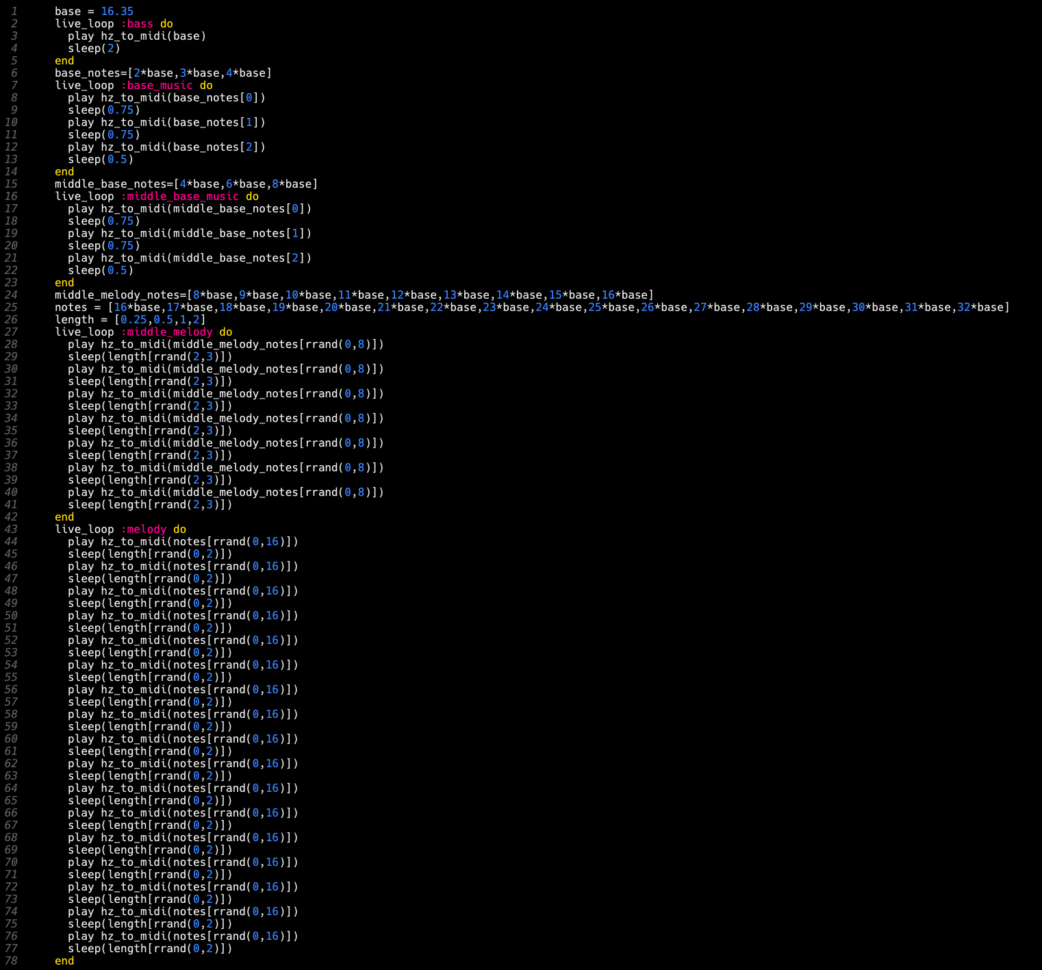 16-säveljärjestelmä Sonic Pi:llä. 